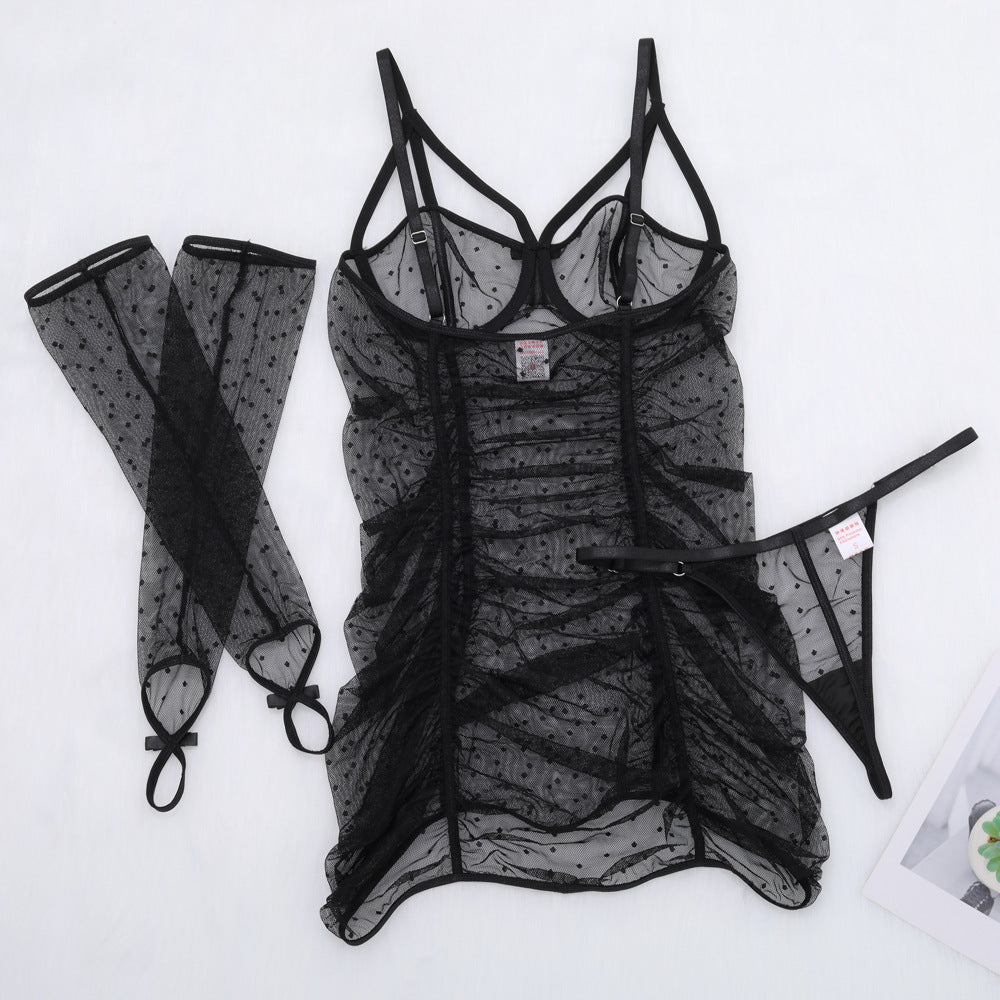 Midnight Polka Dot Lace Chemise Set Over View