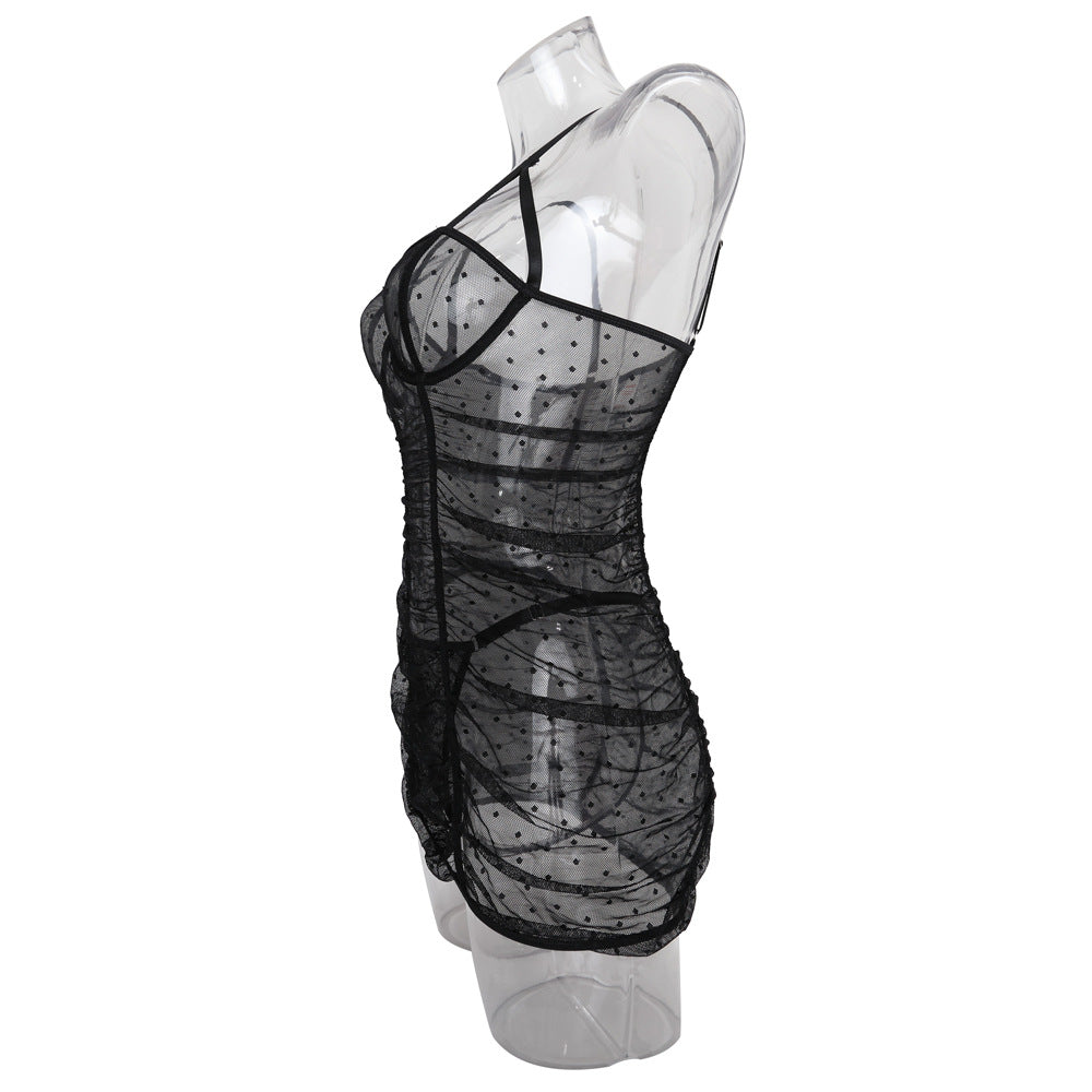 Midnight Polka Dot Lace Chemise Set Side View