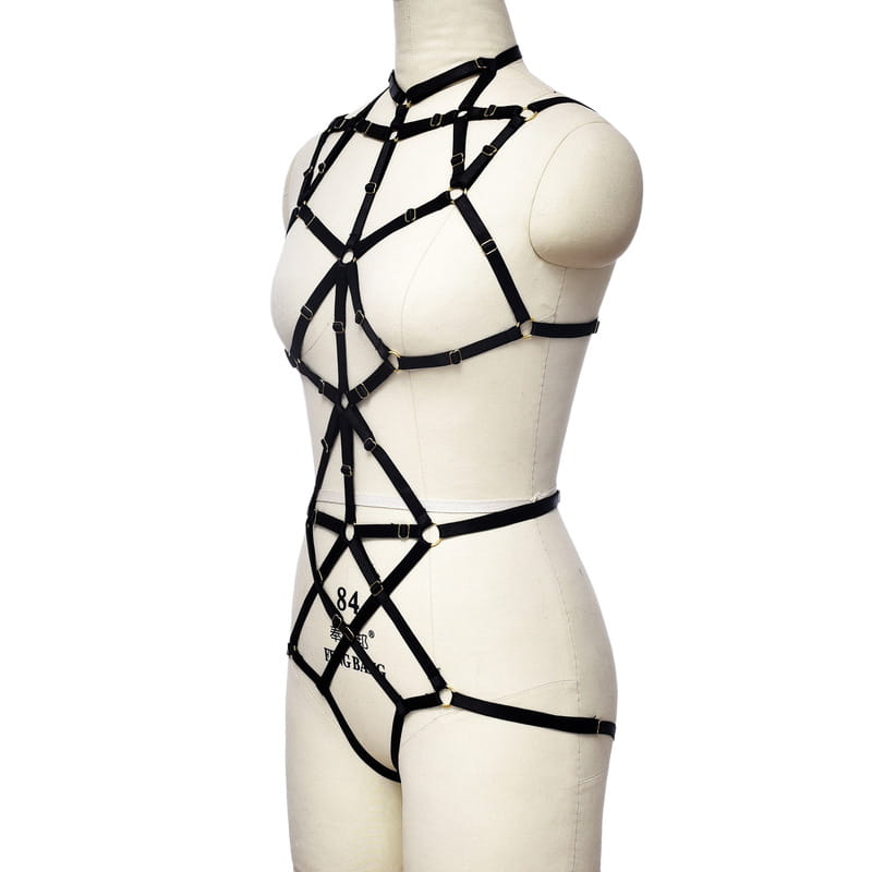 Miss Open Back Bare Breast Women Black Harness Bodysuit Left Show