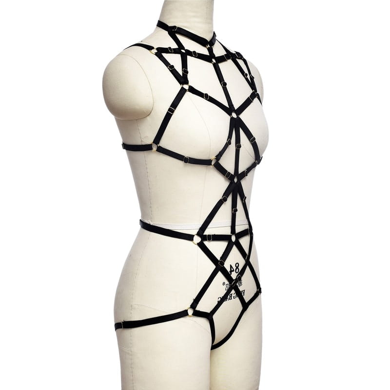 Miss Open Back Bare Breast Women Black Harness Bodysuit Right View