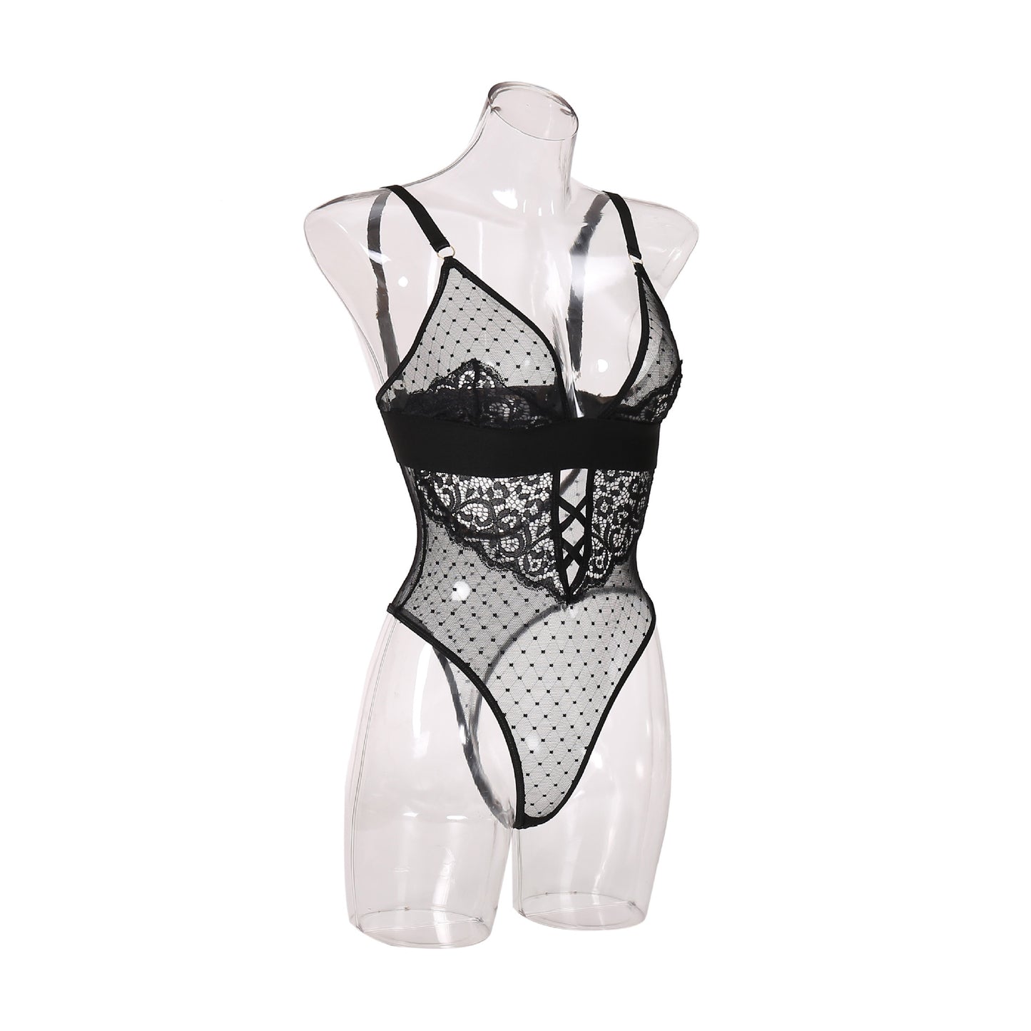 Noir Lace Elegance Deep Plunge Bodysuit Side View