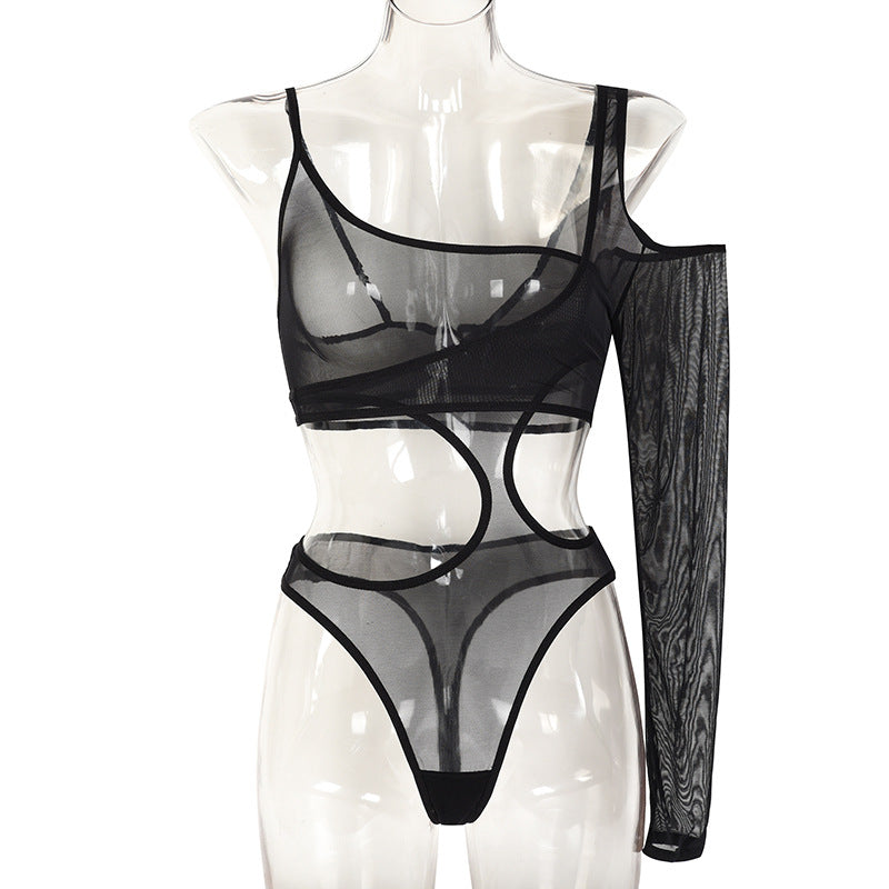 One-Shoulder Mesh Bodysuit with Long Sleeve Front Show