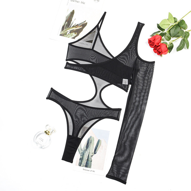 One-Shoulder Mesh Bodysuit with Long Sleeve Over View