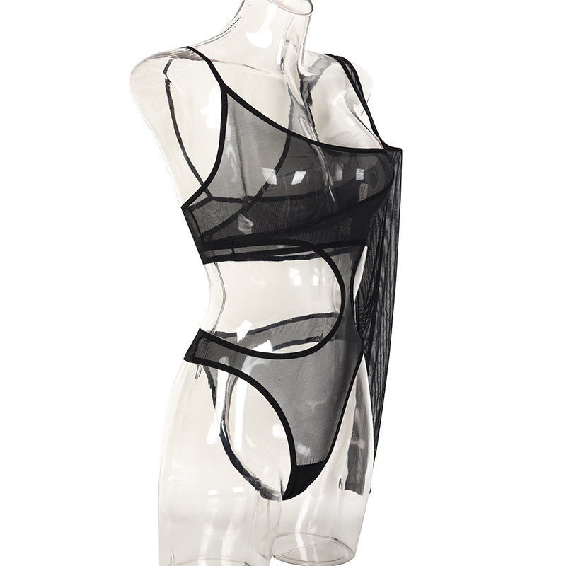 One-Shoulder Mesh Bodysuit with Long Sleeve Side Show