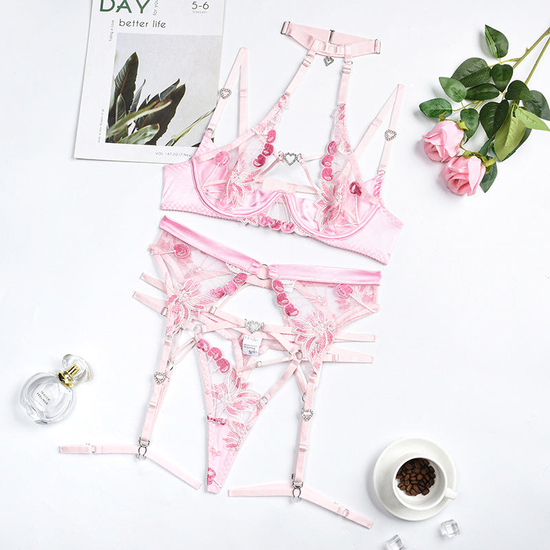 Pink Embroidered Halterneck Bra Set with Diamond Heart Buckle Over View