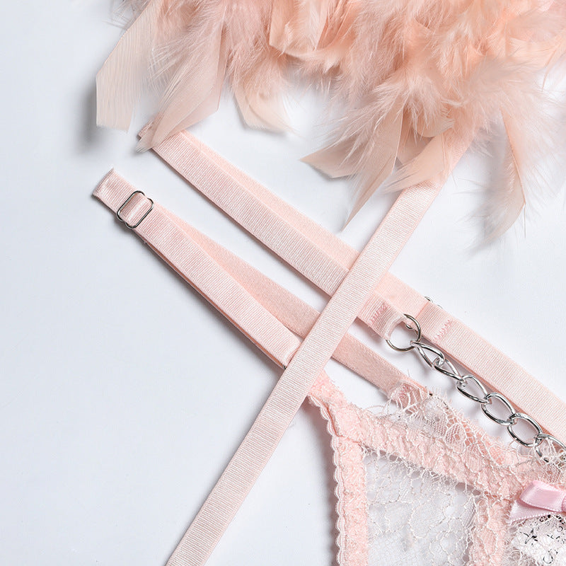 Pink Enchanting Lace Bra & Panty Set with Garter Panty Show