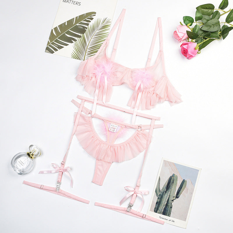Pink Sheer Bra Set with Pom-Poms Design Over View