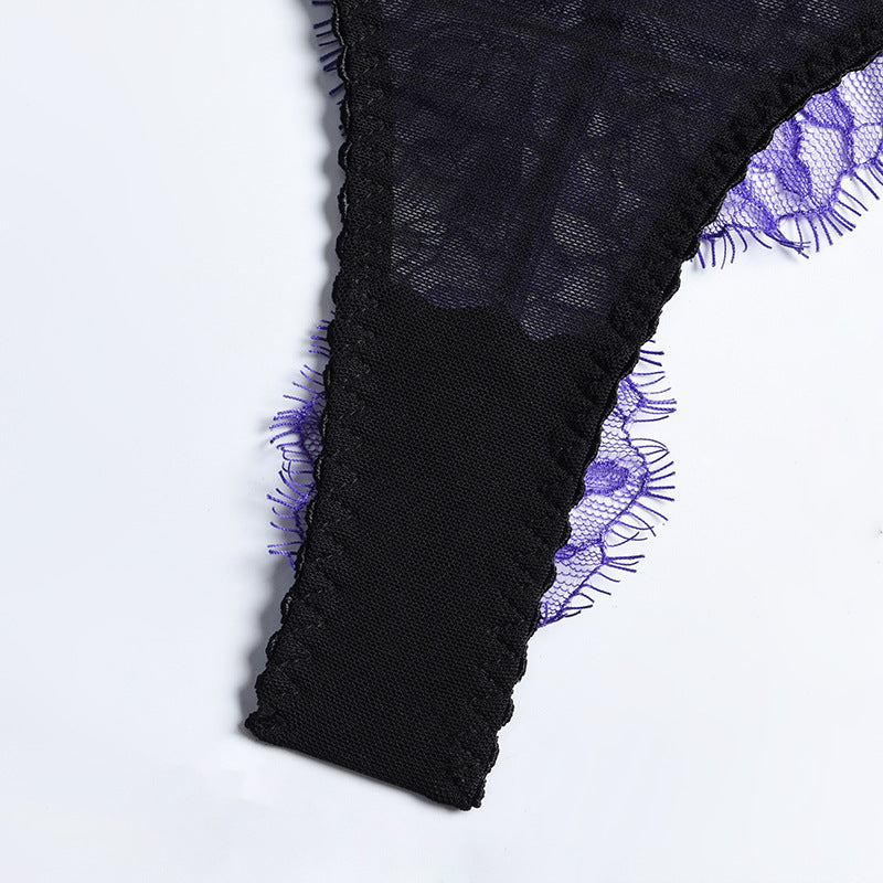 Purple Eyelash Lace Lingerie Set with Garter-11