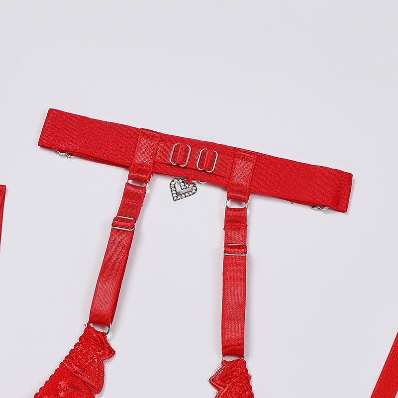 Red Embroidered Halterneck Bra Set with Diamond Heart Buckle Neck Details