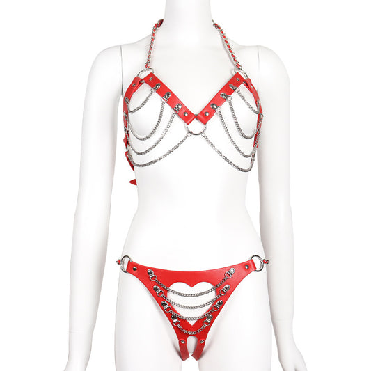 Red Wholesale Kinky Leather Wear Bondage Bra and Panty Set