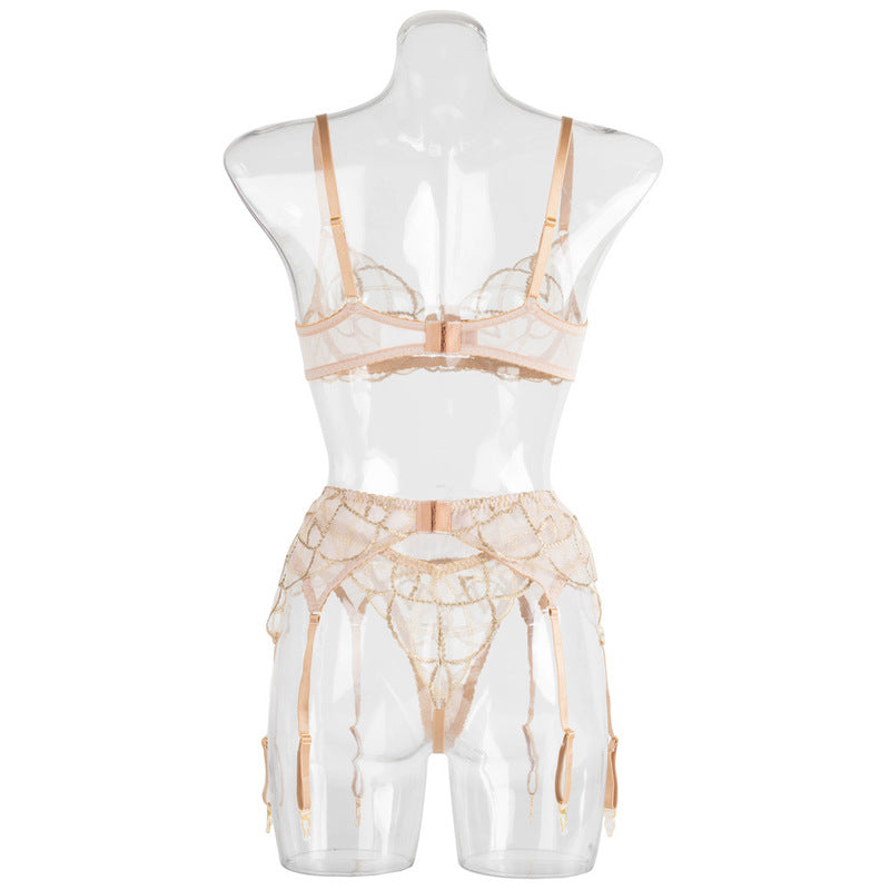 Sheer Mesh Beige Bra Set of 3 with Embroidered Detailing Back Details