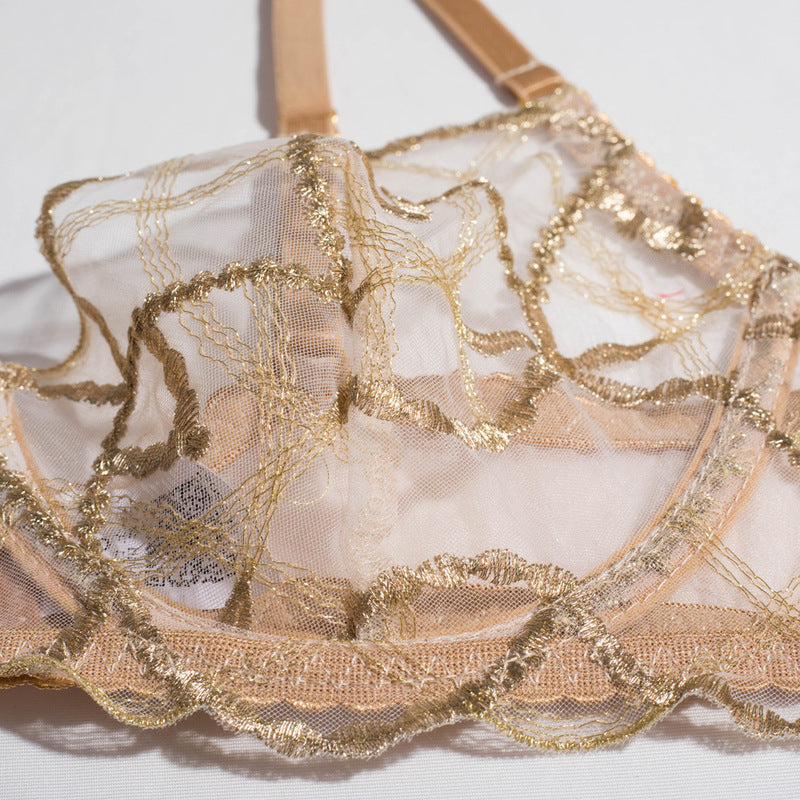 Sheer Mesh Beige Bra Set of 3 with Embroidered Detailing-10