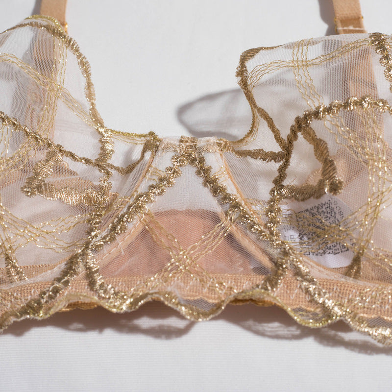 Sheer Mesh Beige Bra Set of 3 with Embroidered Detailing-9