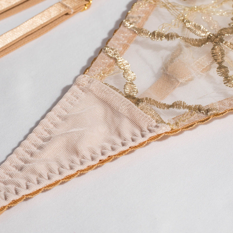 Sheer Mesh Beige Bra Set of 3 with Embroidered Detailing-12