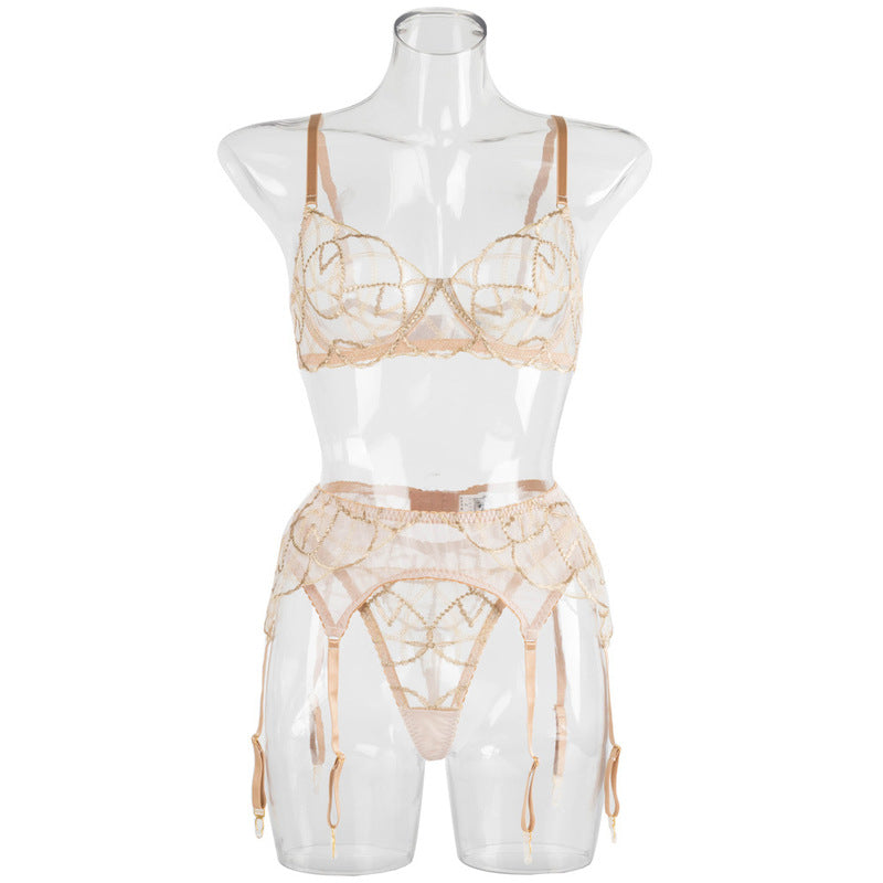 Sheer Mesh Beige Bra Set of 3 with Embroidered Detailing Front Details