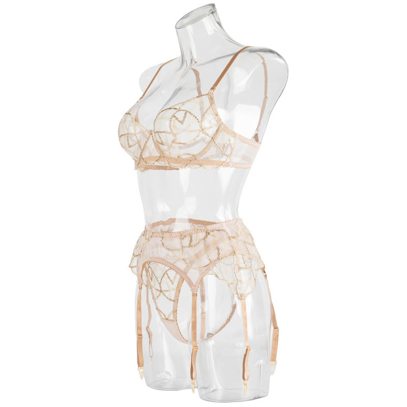 Sheer Mesh Beige Bra Set of 3 with Embroidered Detailing Side Details