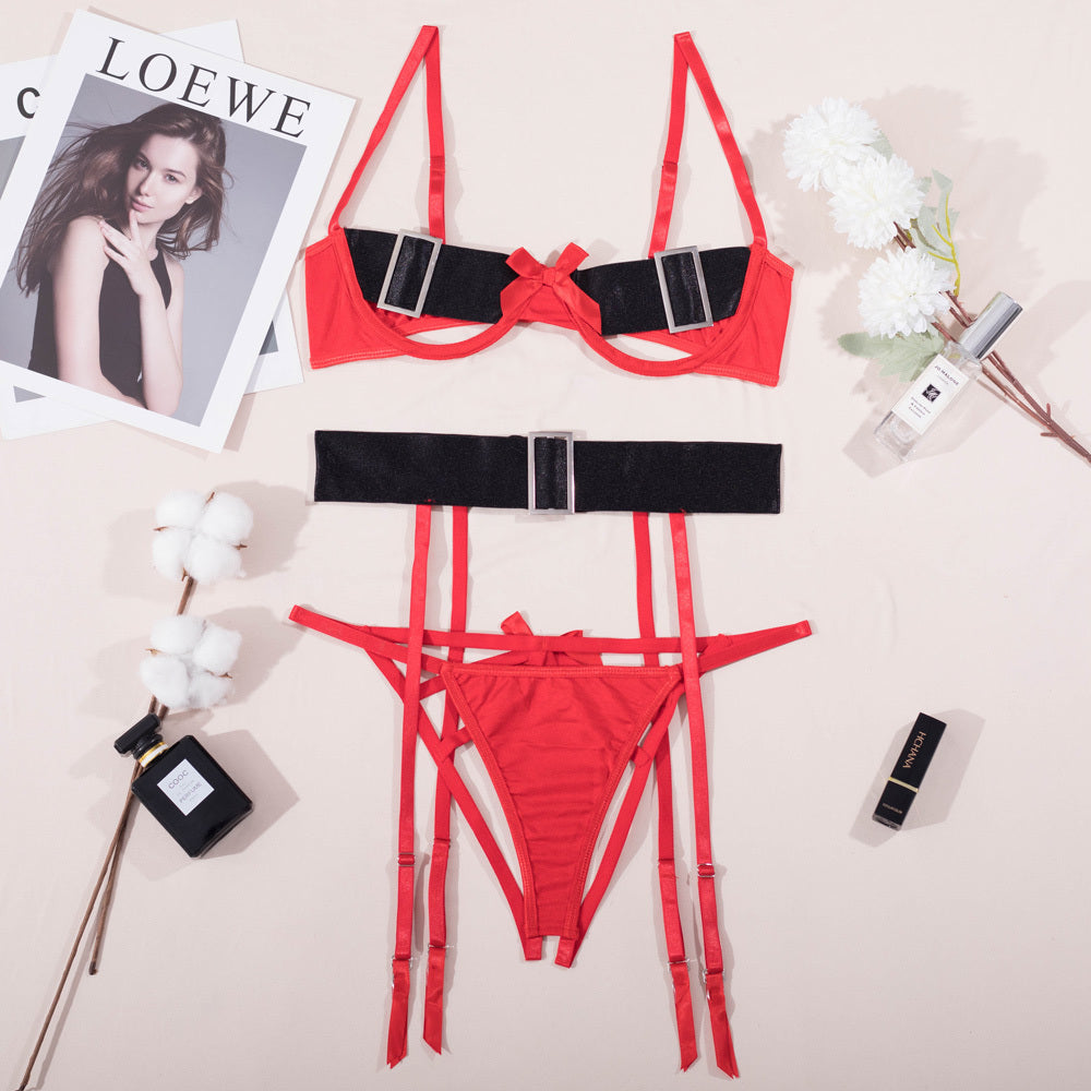 Stunning Christmas Cutout Bra Set with Bows and Wide Belt Over View