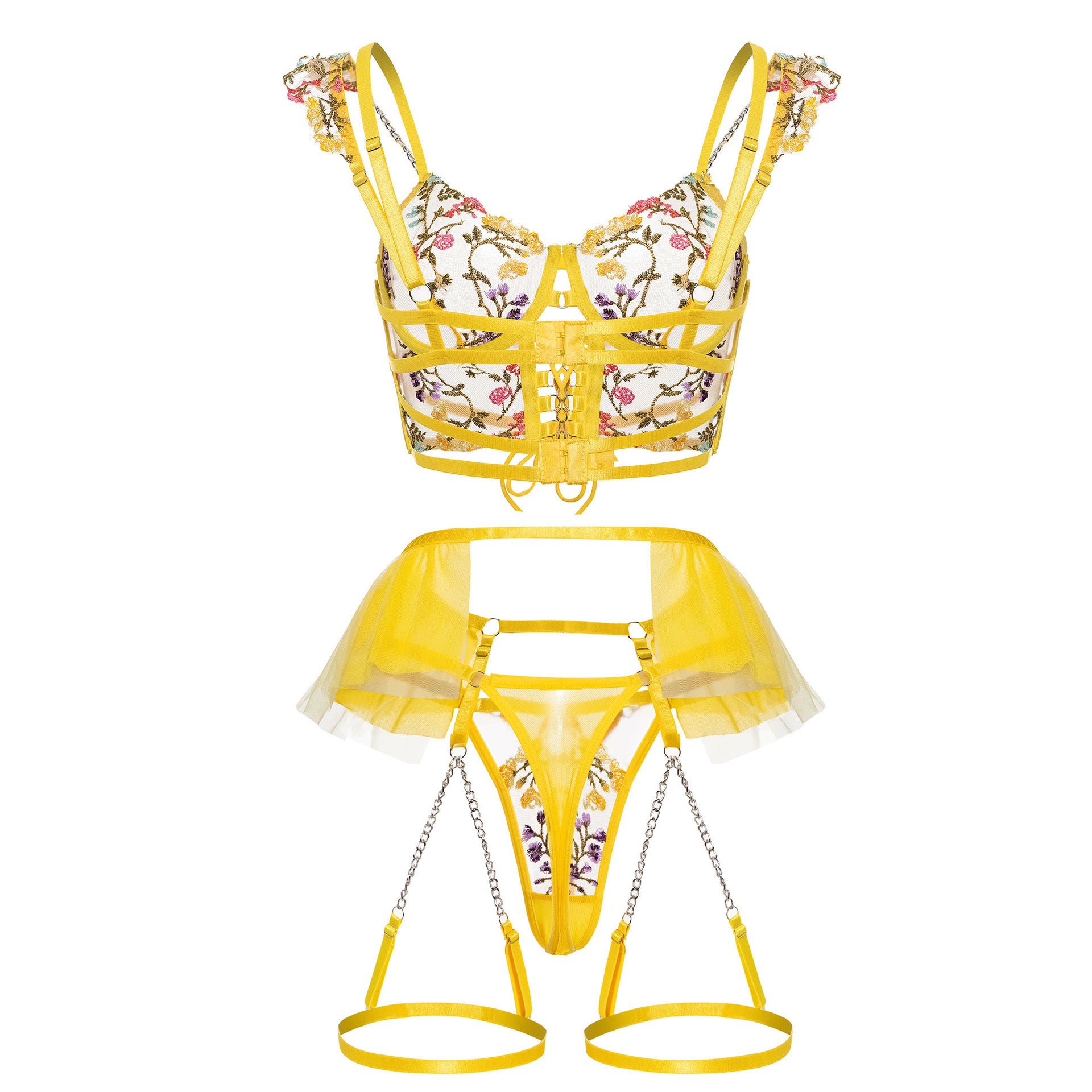 Sunburst Floral Embroidered Lace Corset Set Model Front Show