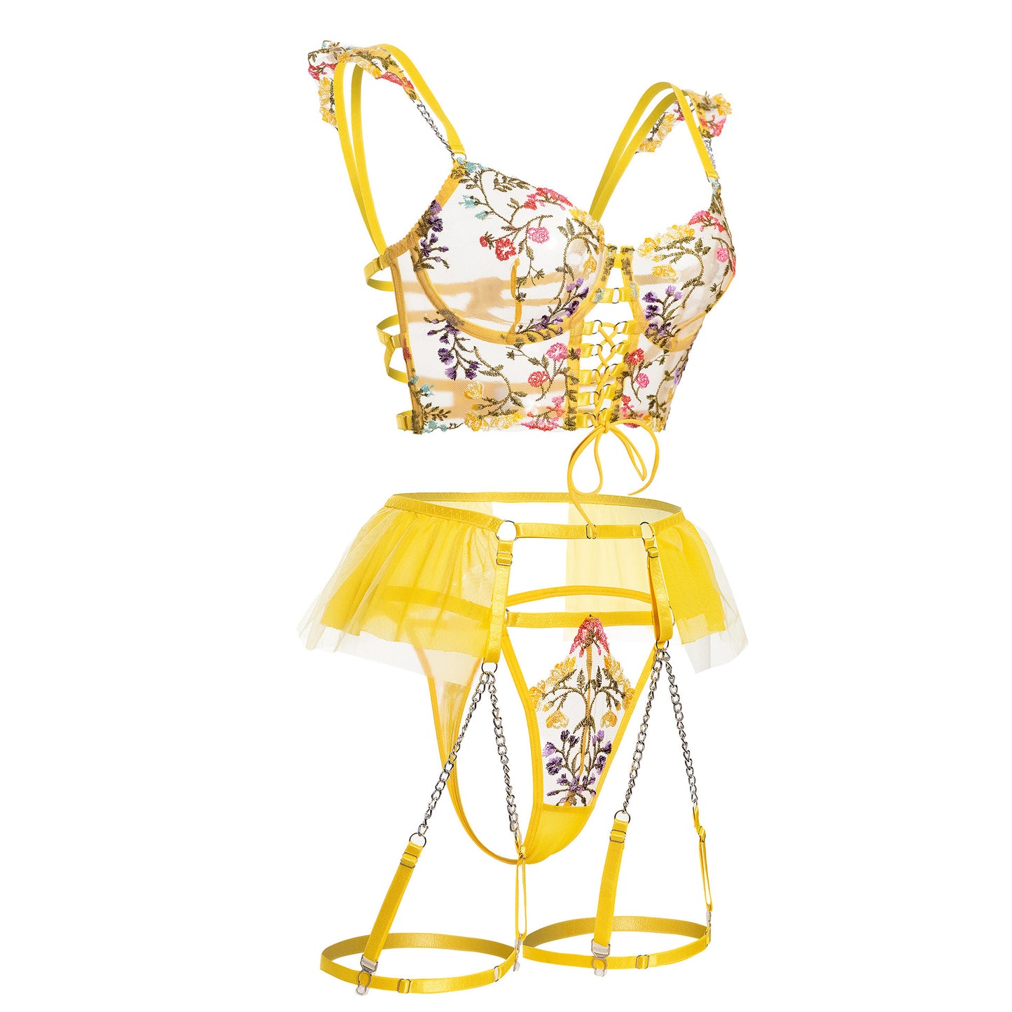 Sunburst Floral Embroidered Lace Corset Set Back View