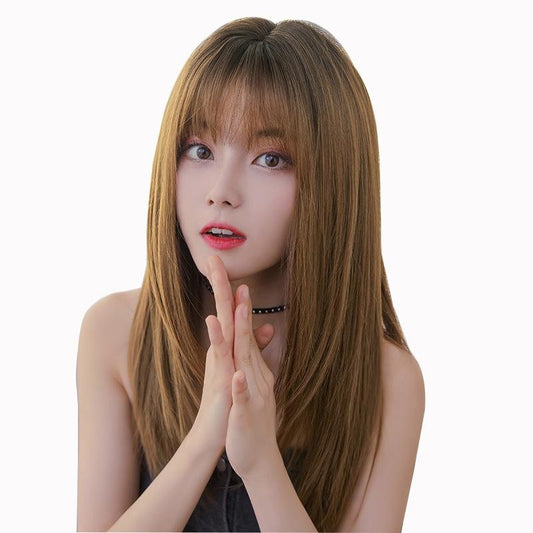 NNEIDS Sleek Long Hair Wig Set With Air Bangs - Honey Tea-0