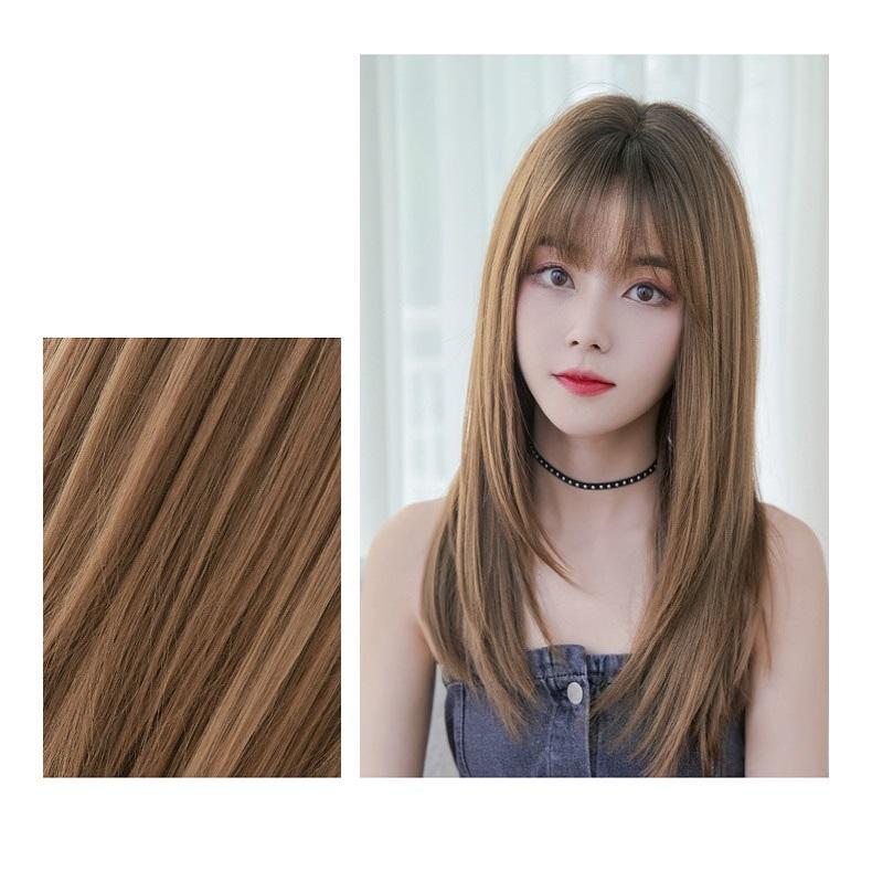 NNEIDS Sleek Long Hair Wig Set With Air Bangs - Honey Tea-1