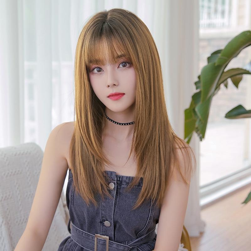 NNEIDS Sleek Long Hair Wig Set With Air Bangs - Honey Tea-3