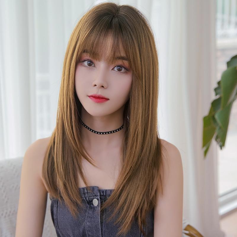 NNEIDS Sleek Long Hair Wig Set With Air Bangs - Honey Tea-4