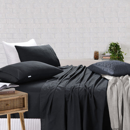 NNEDSZ Elan Linen 100% Egyptian Cotton Vintage Washed 500TC Charcoal Single Bed Sheets Set