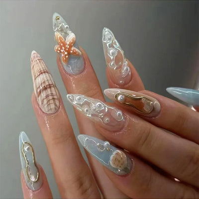 Wearable Blue Stiletto Almond False Nails-0