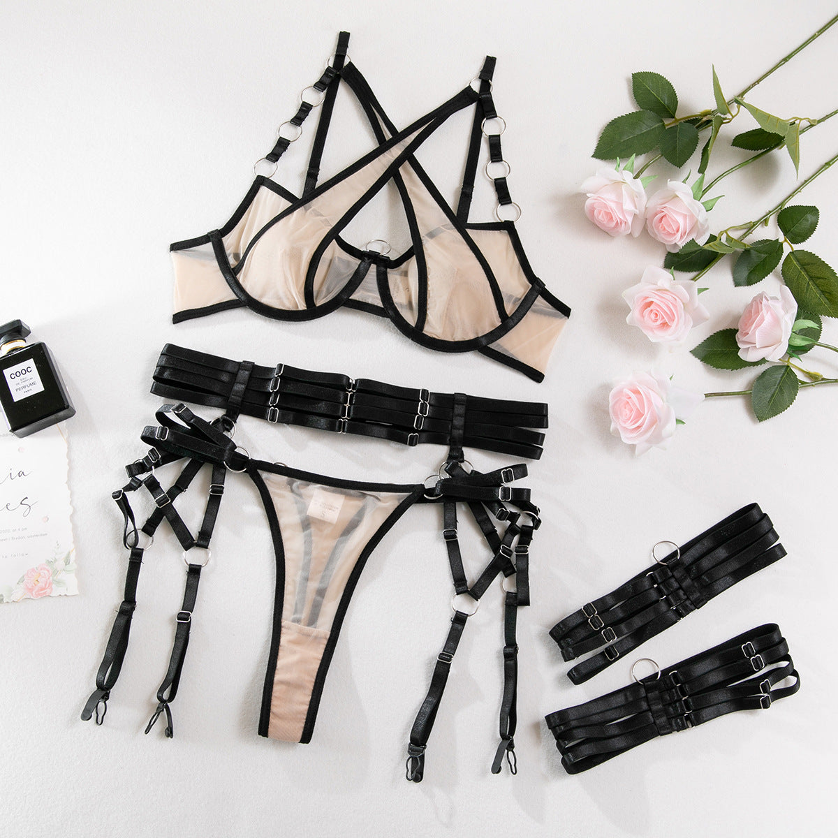 Wholesale Bisque Modern Bra and Panties Set with Garter Over View