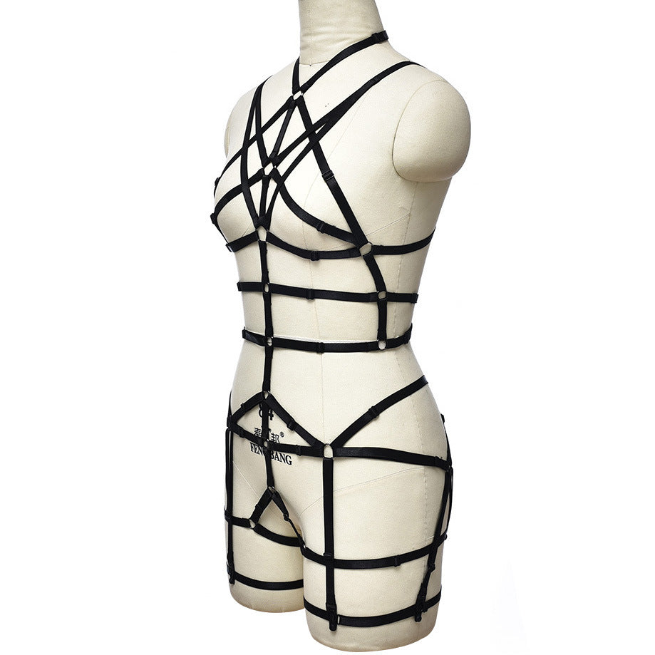 Wholesale Black Harness Teddy Bodysuit with Adjustable Size. Side. Show