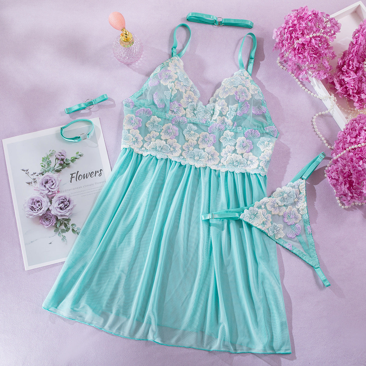Wholesale Green Babydoll Lingerie with Sheer Floral Top OverView