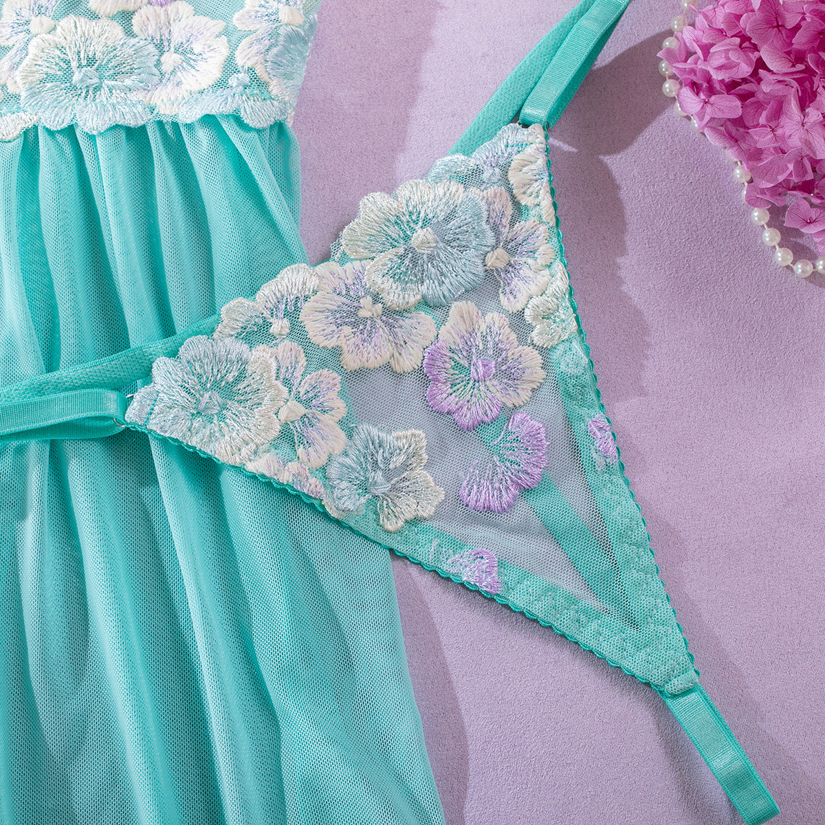 Wholesale Green Babydoll Lingerie with Sheer Floral Top-12