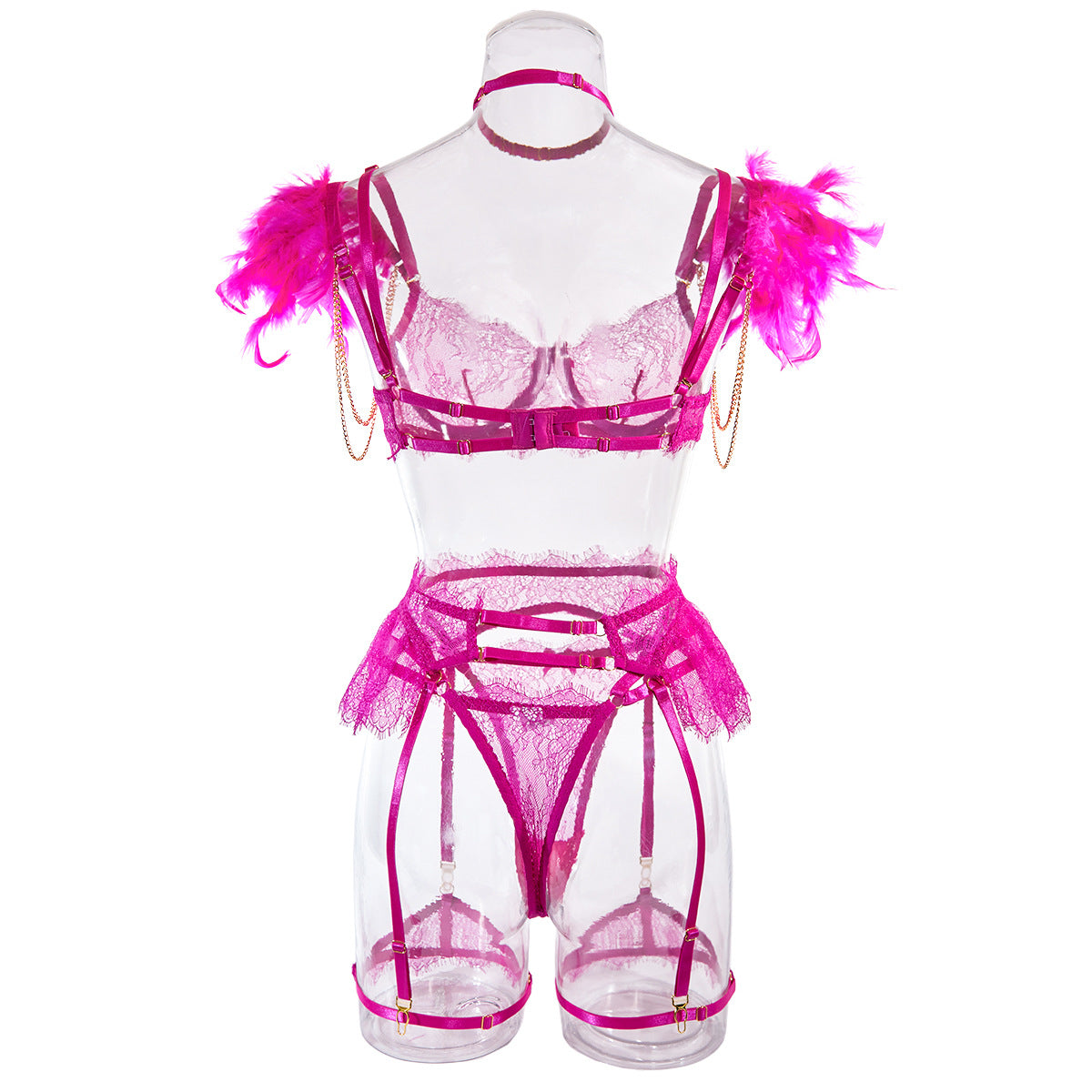 Wholesale HotPink Sexy Lace Bra and Panties Set with Feather Details Back View