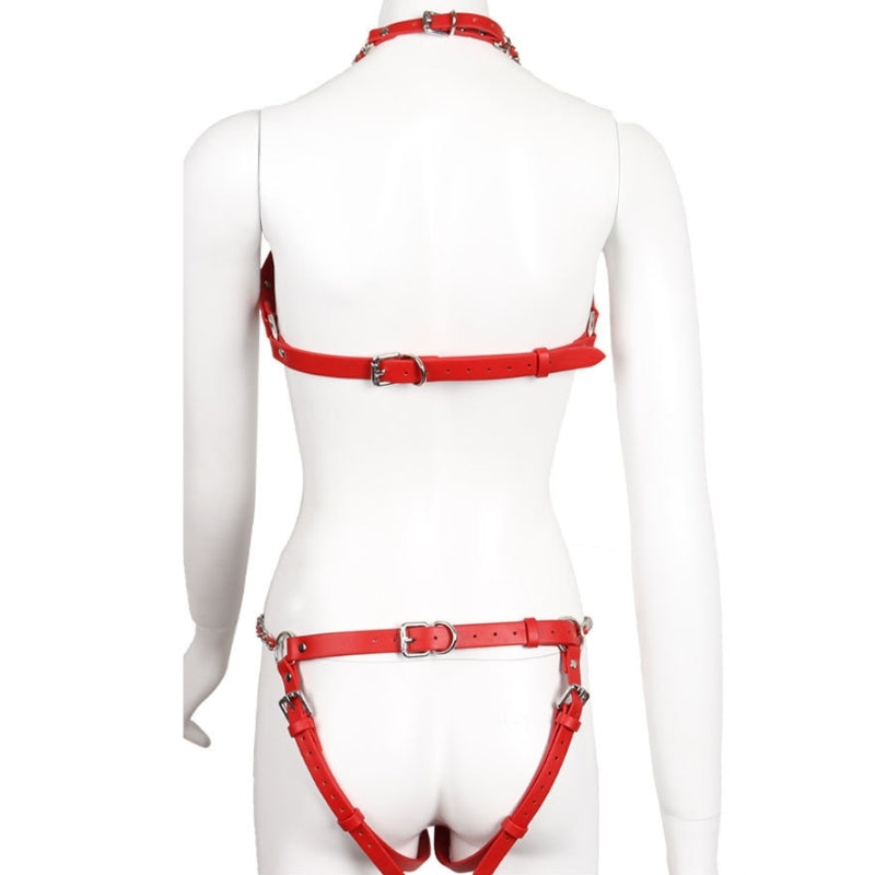Wholesale Kinky Leather Wear Bondage Bra and Panty Set Back Show