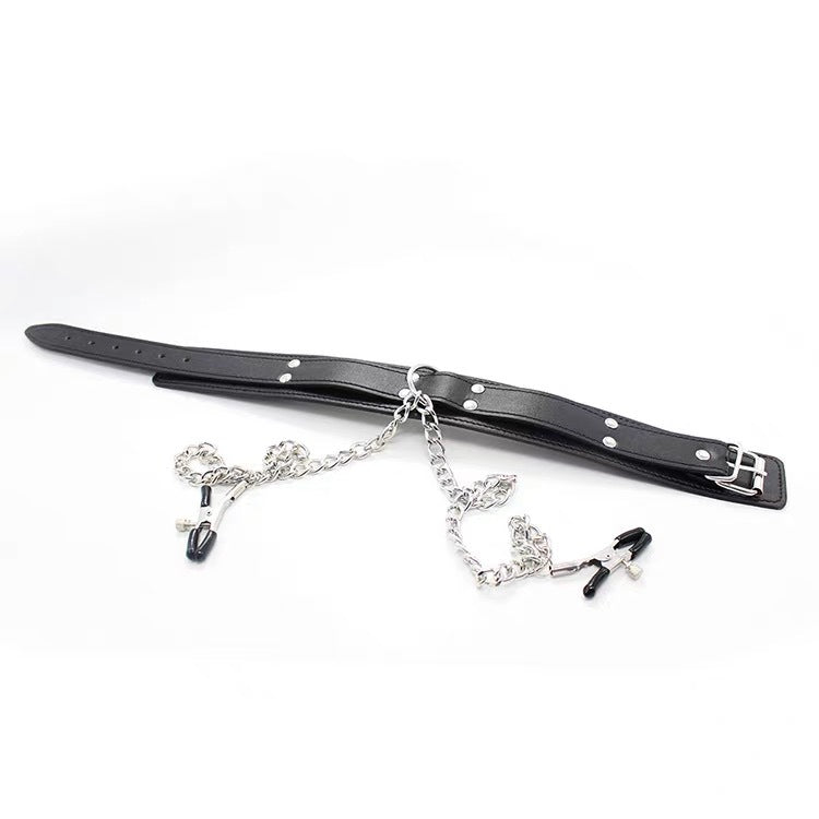 Wholesale Leather Bondage Collar with Nipple Clips Black Details Display