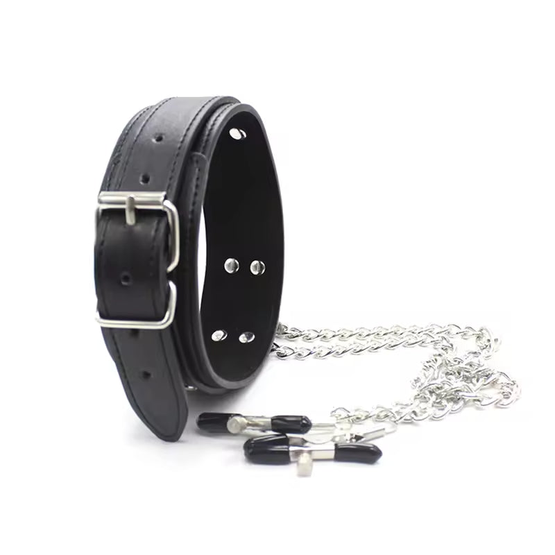 Wholesale Leather Bondage Collar with Nipple Clips Black Display