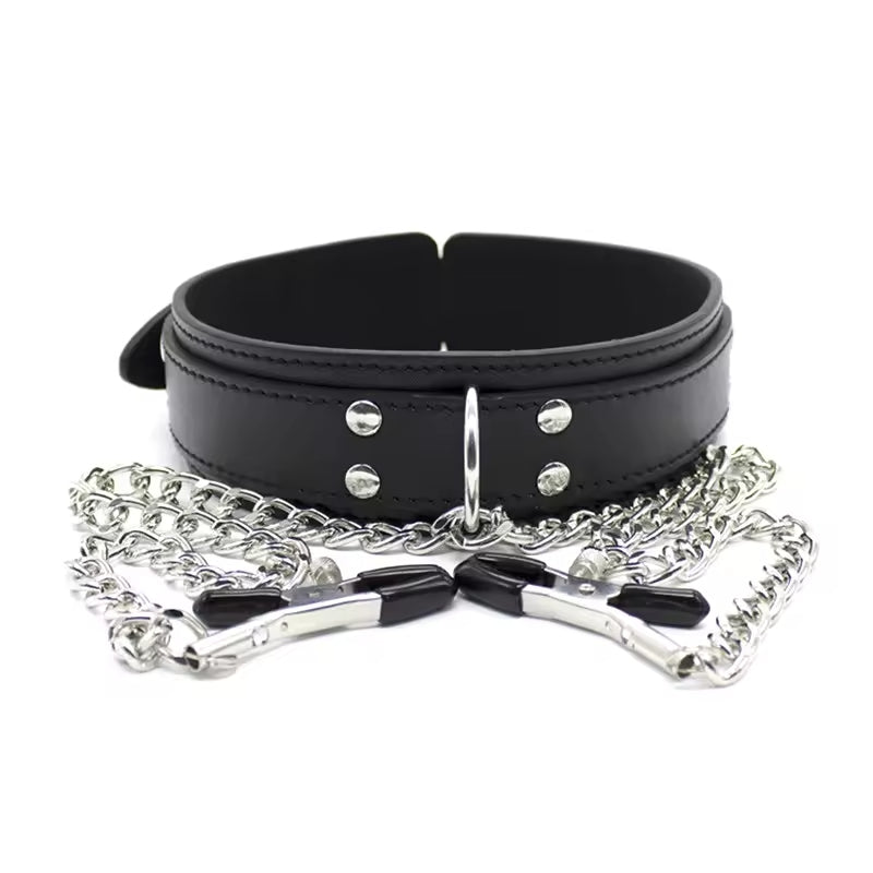 Wholesale Leather Bondage Collar with Nipple Clips Black Front Show