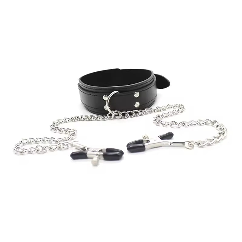 Wholesale Leather Bondage Collar with Nipple Clips Black Show