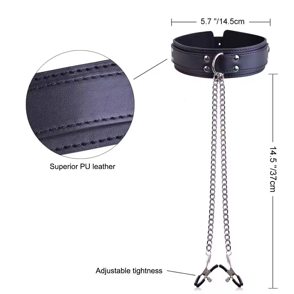 Wholesale Leather Bondage Collar with Nipple Clips Length