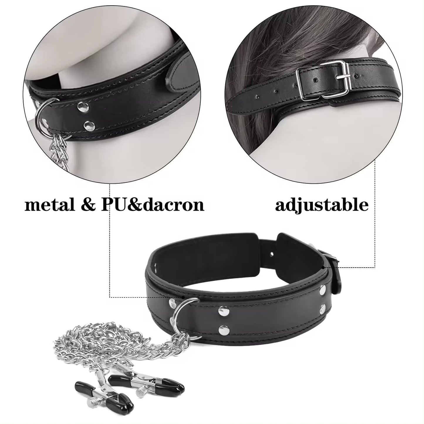 Wholesale Leather Bondage Collar with Nipple Clips Size Show