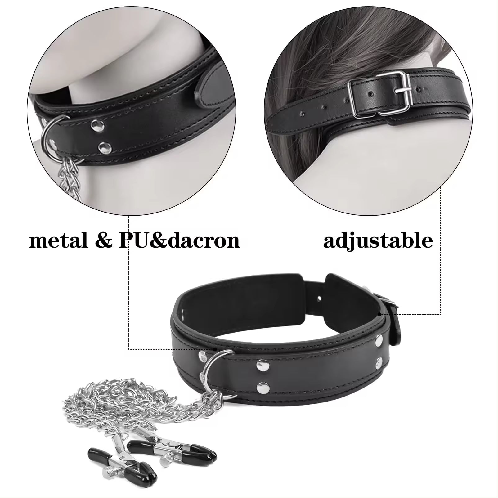 Wholesale Leather Bondage Collar with Nipple Clips Size Show