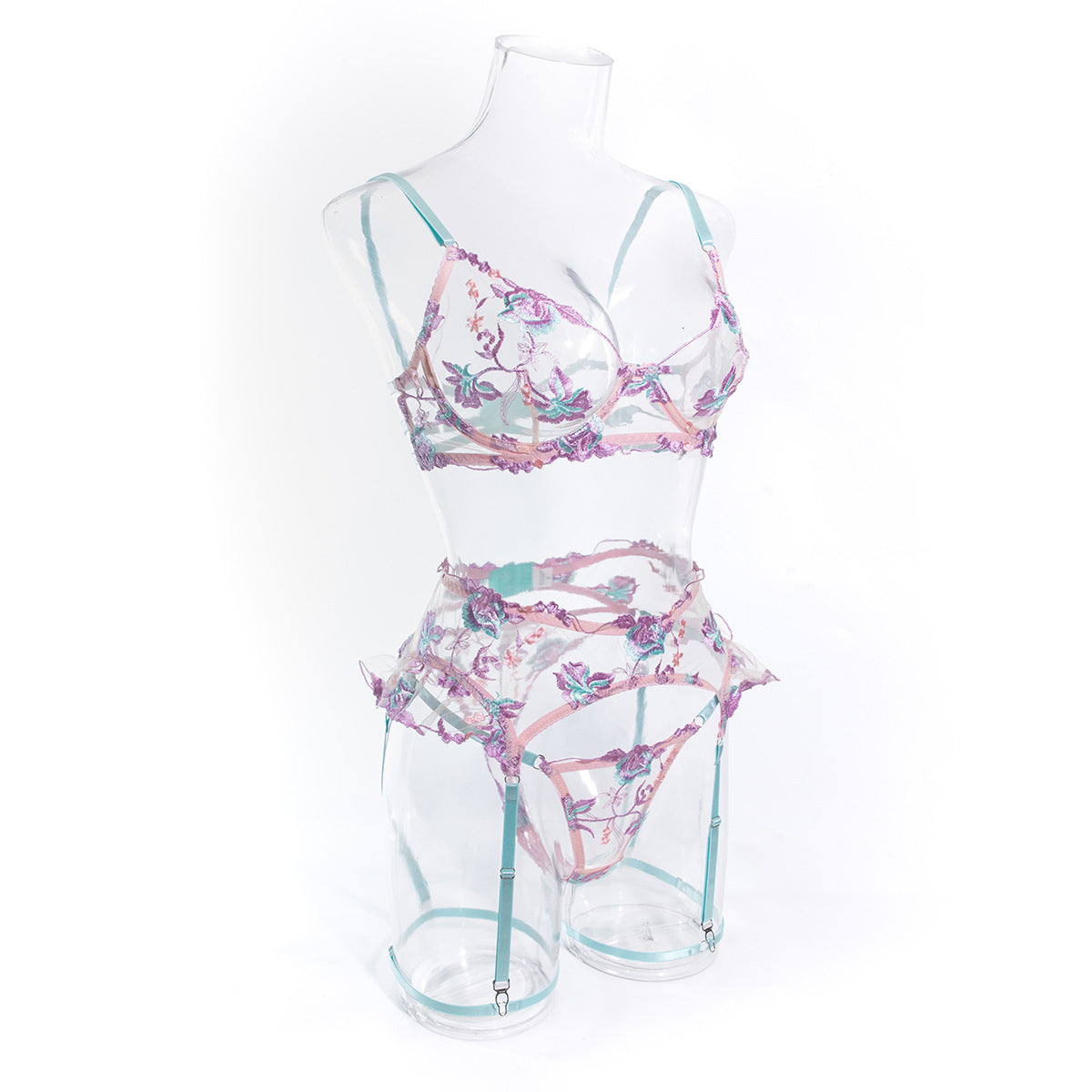 Wholesale Lilac Floral Embroidered Lingerie Set Side View