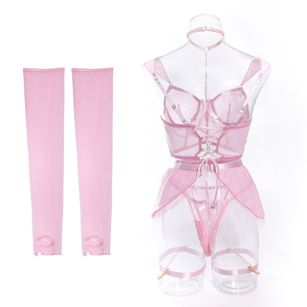 Wholesale Pink Corset Top with Mesh Sleeves Back Model SHow