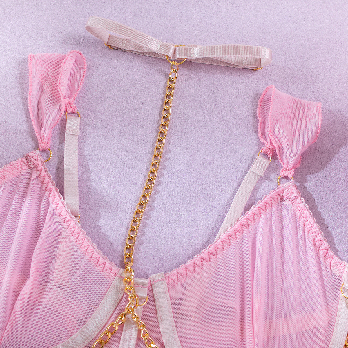 Wholesale Pink Corset Top with Mesh Sleeves Garter Show