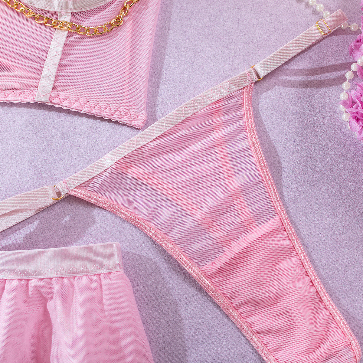 Wholesale Pink Corset Top with Mesh Sleeves Panty Show