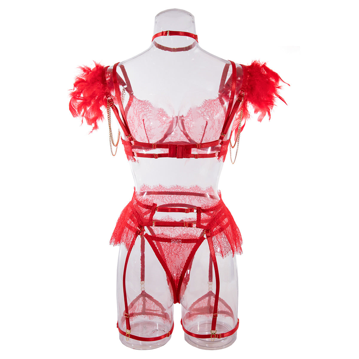 Wholesale Red Sexy Lace Bra and Panties Set with Feather Details Back View