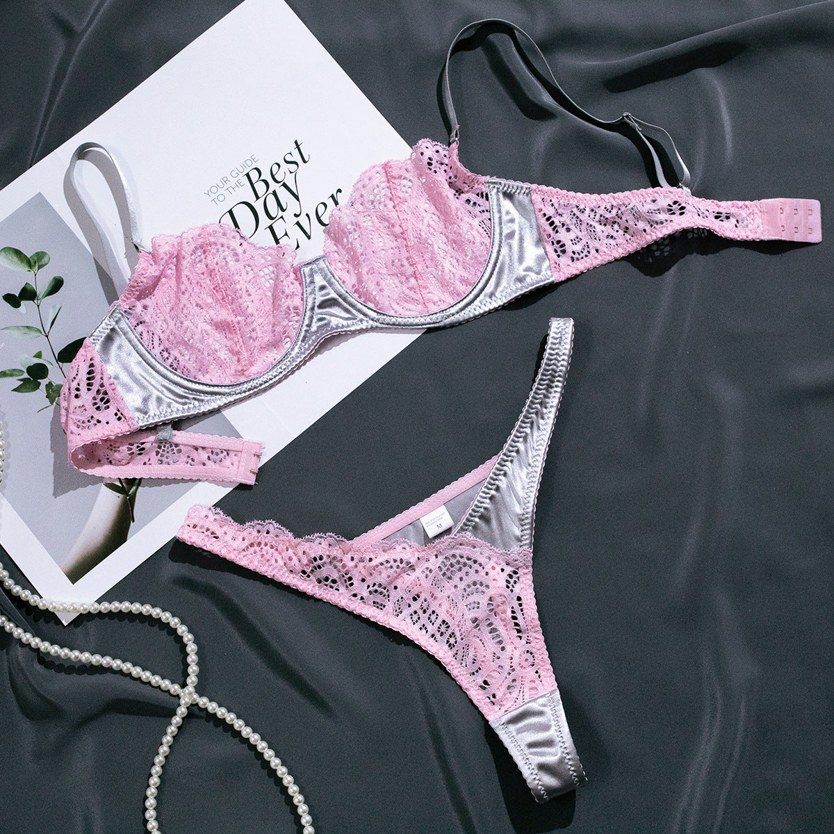 Wholesale Sexy Lace Lingerie Set in Silver Gray and Pink Contrast Over View