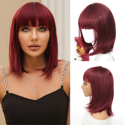 Wine Red Bangs Bob Wig-0