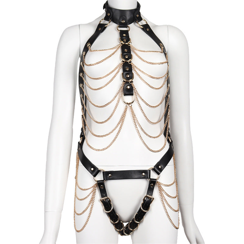 black Wholesale Leather Bondage Sexy Outfit in Chain Style